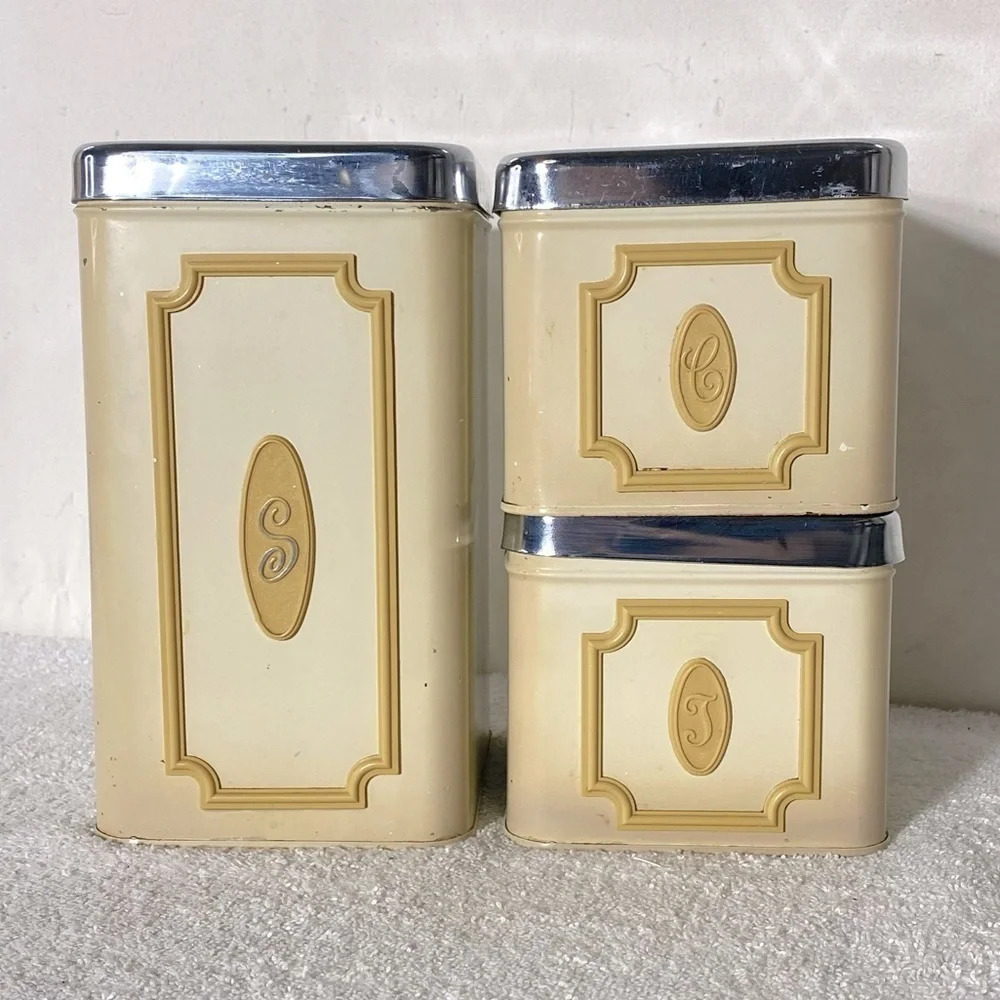 Vintage 70s Ekco Canada Limited Cream Beige Metal Canister Set Sugar Coffee Tea